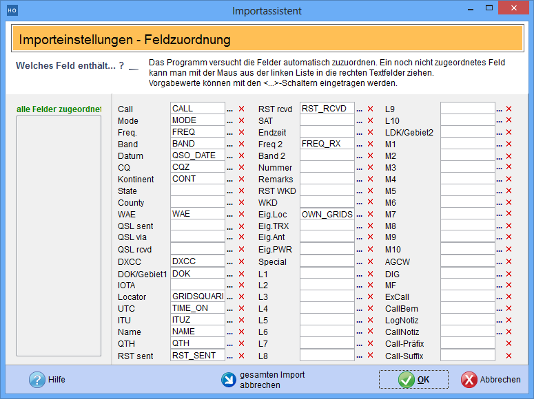 Logbuchimport Zuordnung der Logbuchfelder