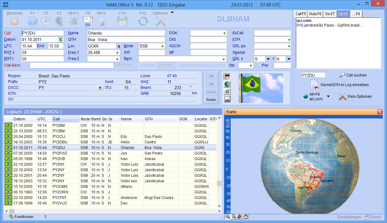 Globus-Darstellung bei QSO-Eingabe