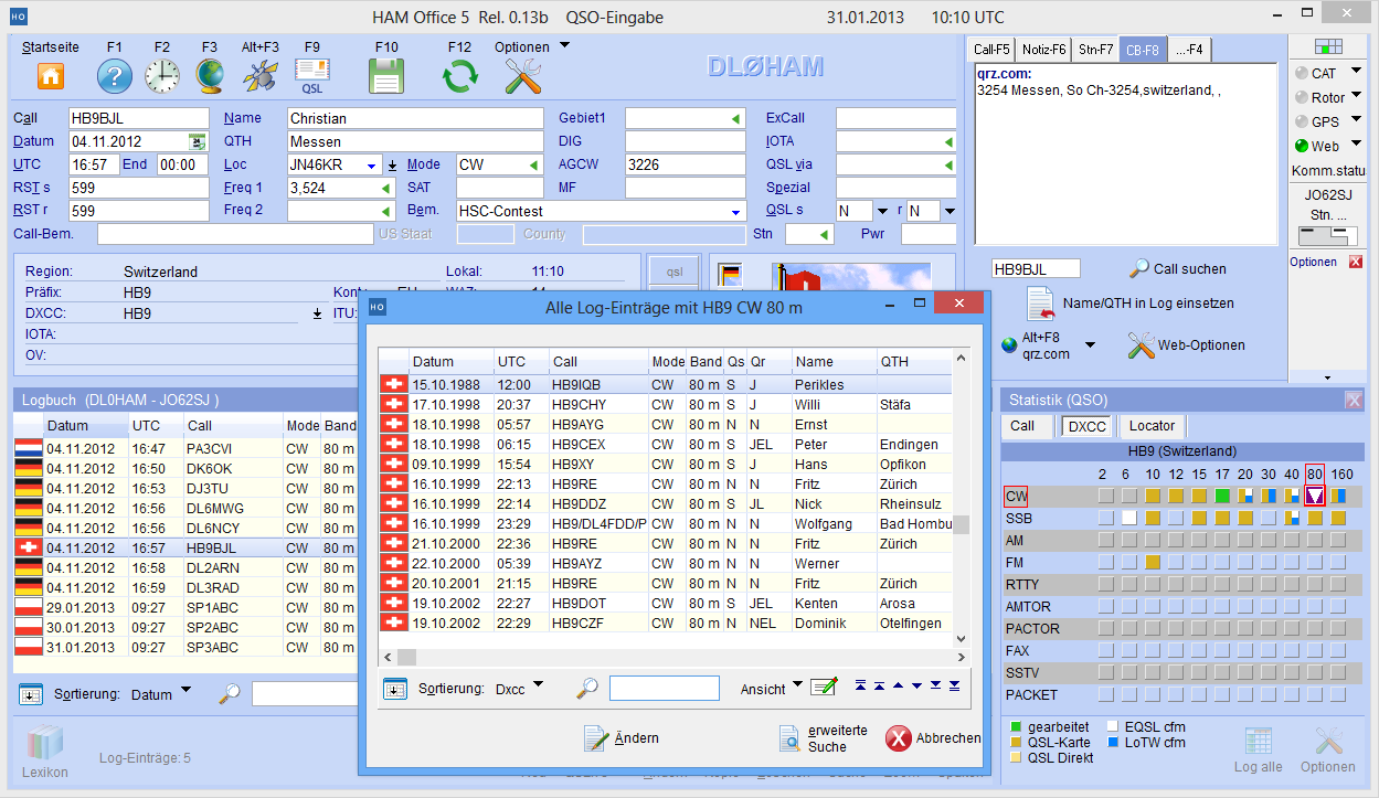 QSO-Auswertung fr aktuelles Band und Mode