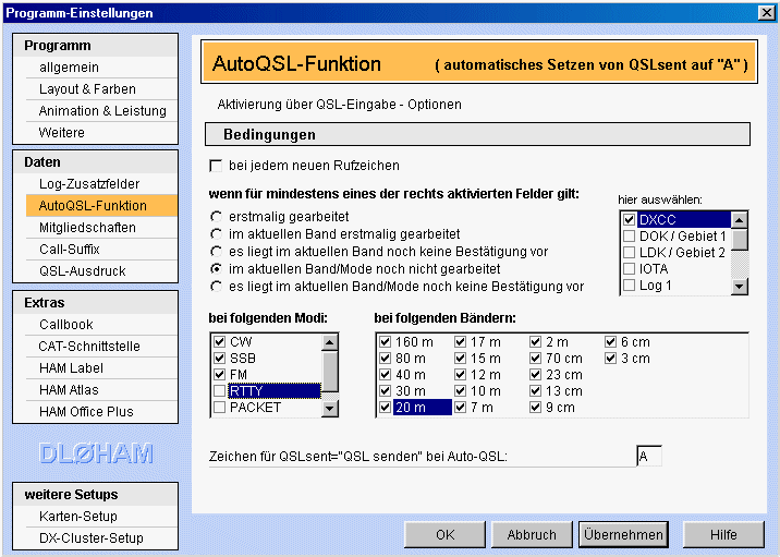 Programmeinstellungen AutoQSL Hamoffice mein Amateurfunk Logbuch