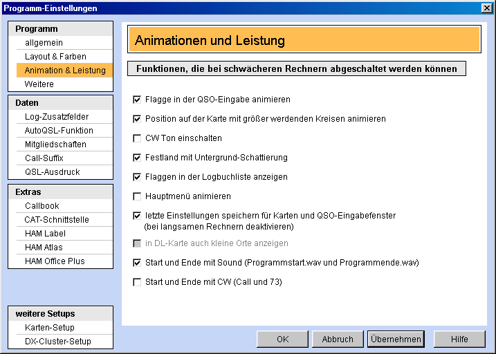 Programm-Animationseinstellungen Hamoffice mein Amateurfunk Logbuch