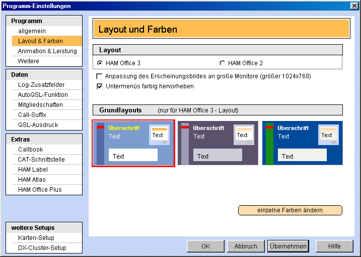 Programm-Grundlayouts Hamoffice mein Amateurfunk Logbuch