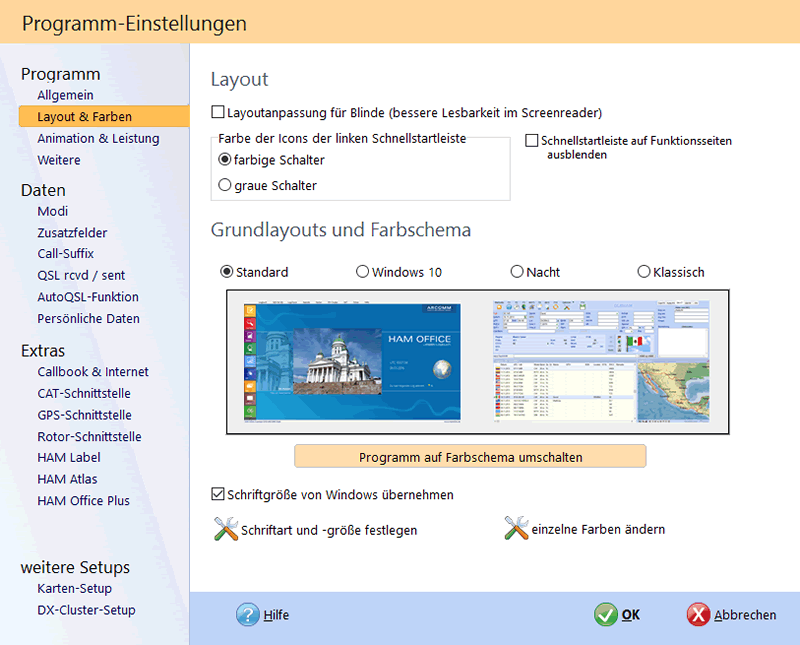 Umschaltung der Farblayouts Hamoffice mein Amateurfunk Logbuch