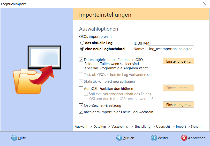 Logbuchimport Einstellungen