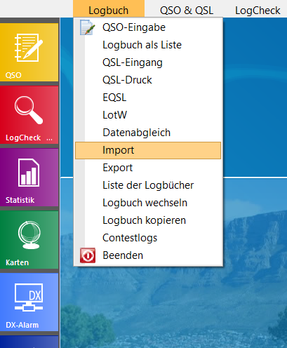 Logbuchimport aufrufen HAM Office mein Logbuch