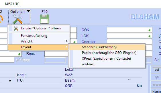 Umschaltung in den Contest-Modus des QSO-Eingabefensters