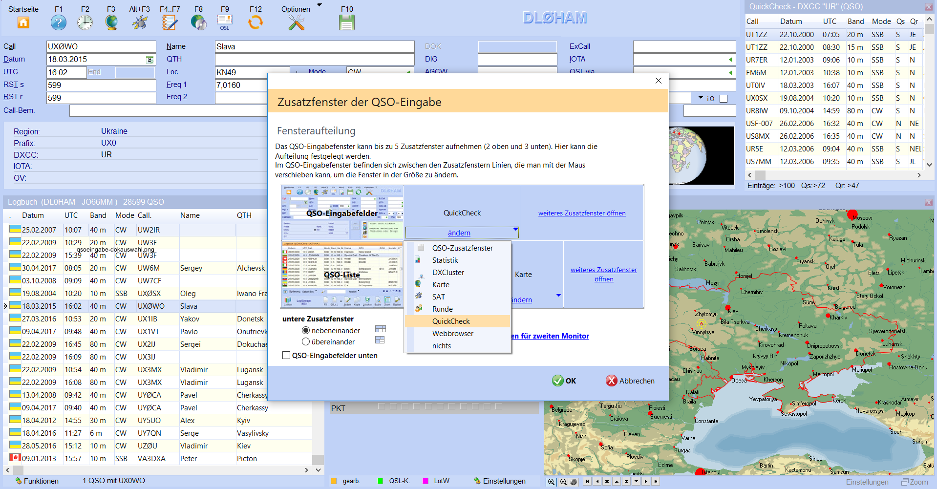 Fensteraufteilung fr QSO-Eingabefenster