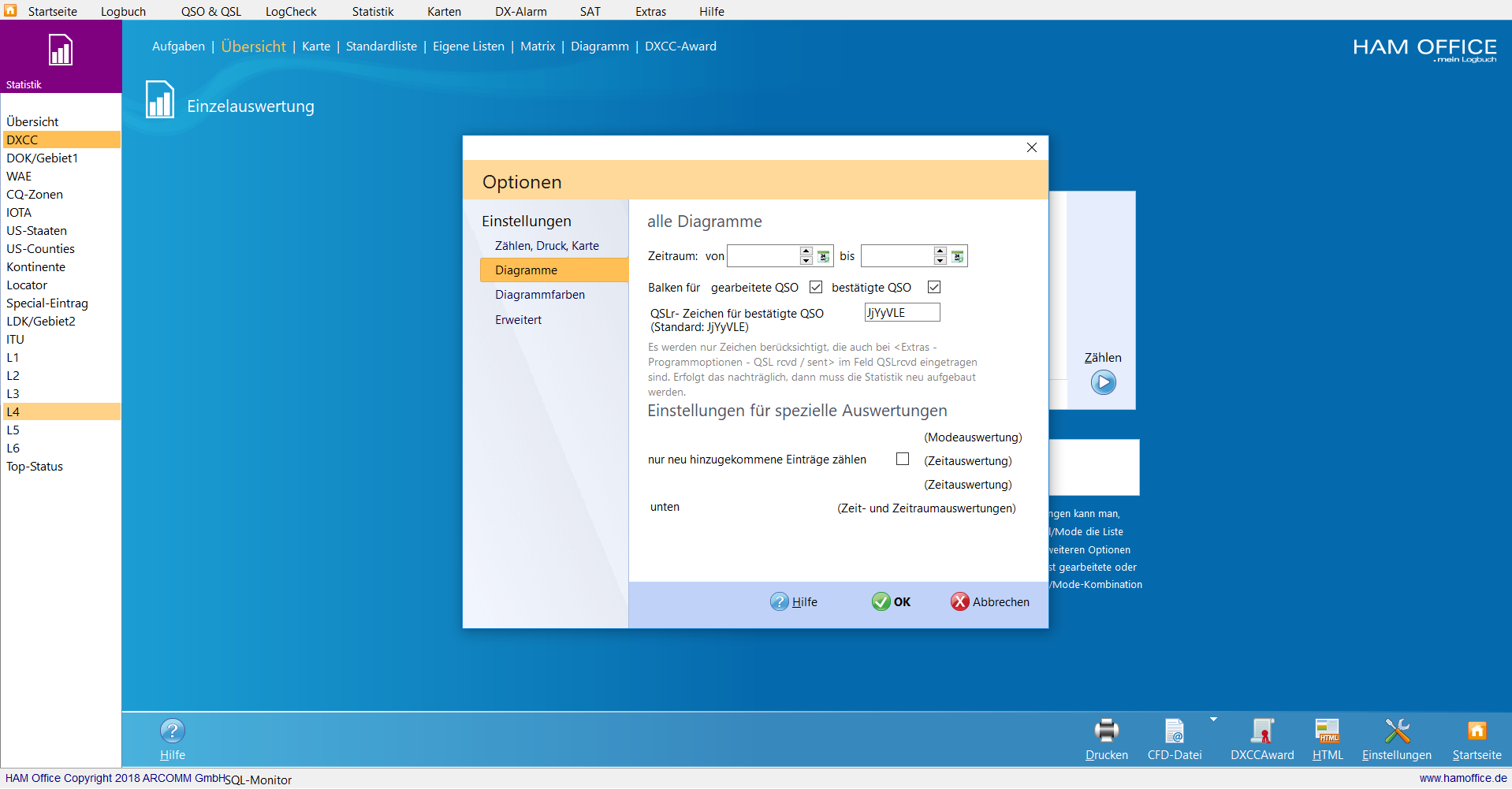 QSO-Auswertungen Diagrammeinstellungen Hamoffice mein Amateurfunk Logbuch