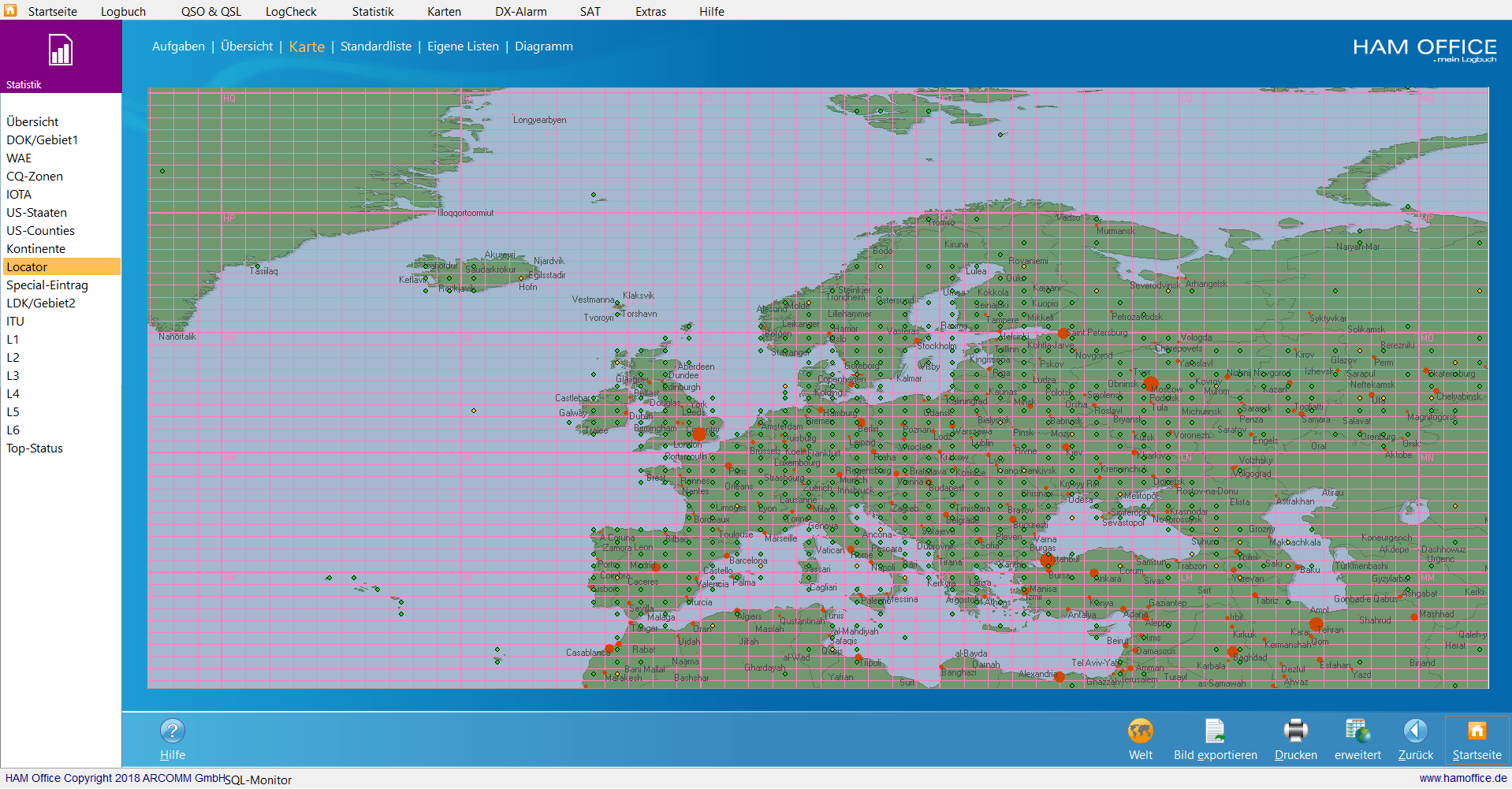 qso-auswertungen locator-karte EU hamoffice mein amateurfunk logbuch