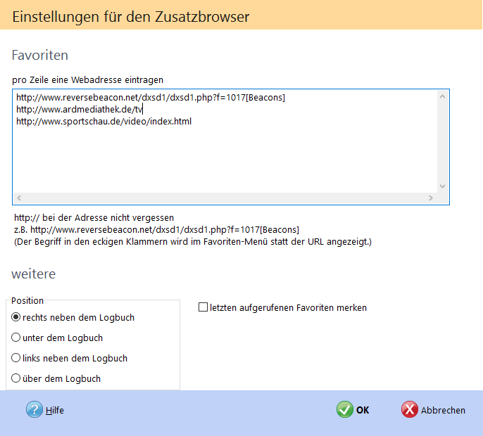 Einstellungen Zusatzbrowser