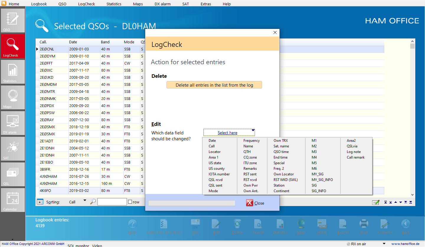 QSO-Check Action for several QSOs Hamoffice my Amateur radio Logbook