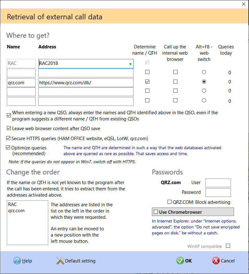 settings internet database hamoffice logbook amateur radio