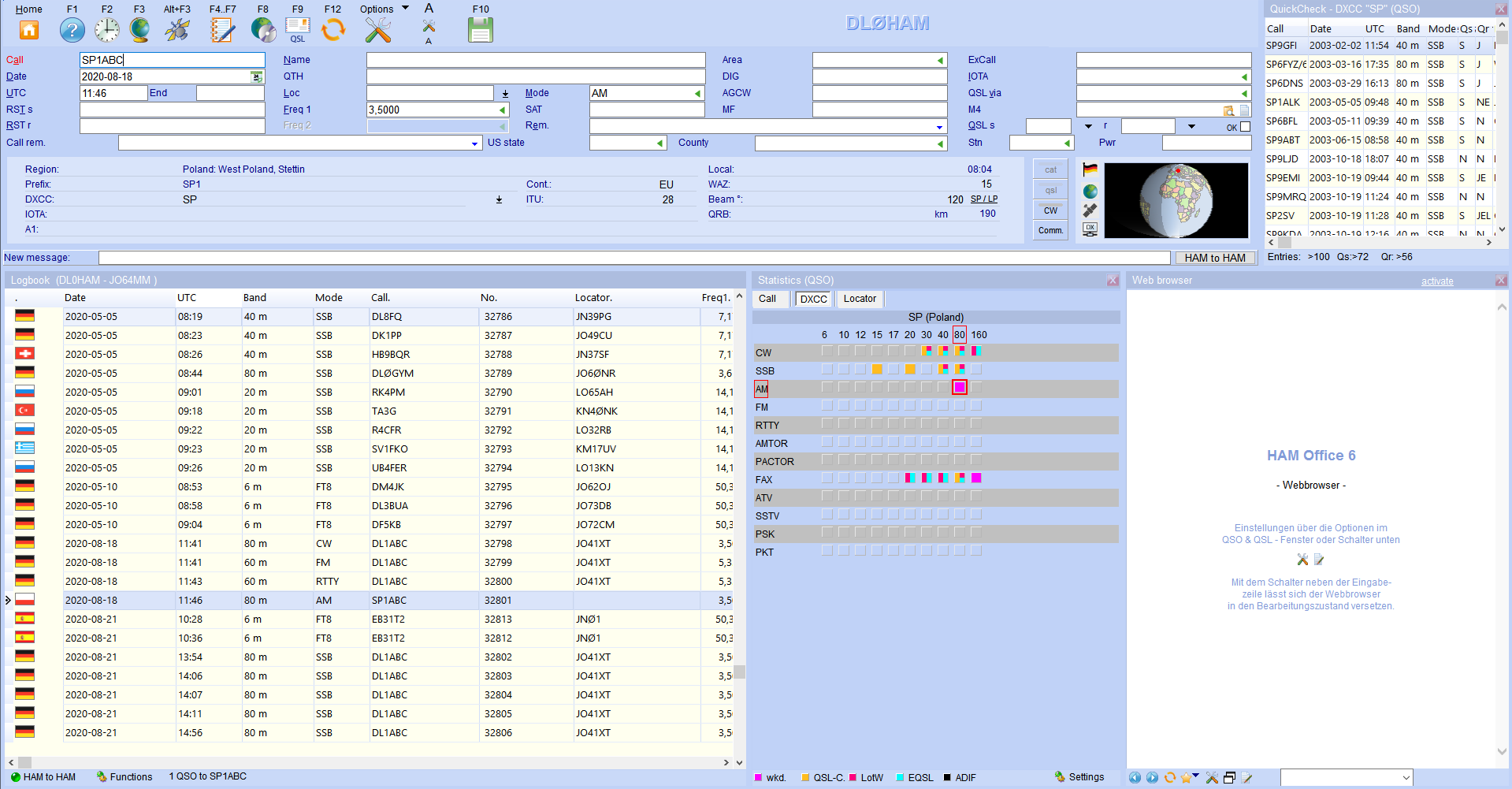 qso-input quickcheck statistics webbrowser hamoffice my amateur radio logbook