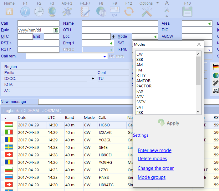 apply a new operation mode hamoffice my logbook