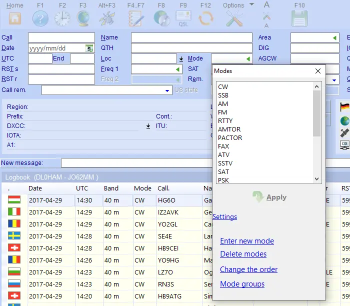 apply a new operation mode hamoffice my logbook