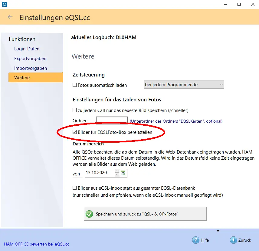 Option zum Bereitstellen der Bilder für eQSLFoto-Box