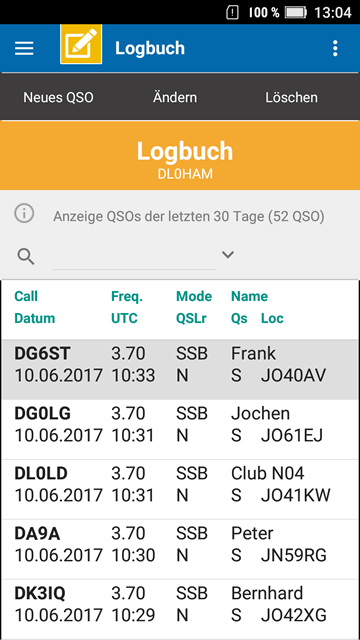 Screenshot mit QSO-Liste