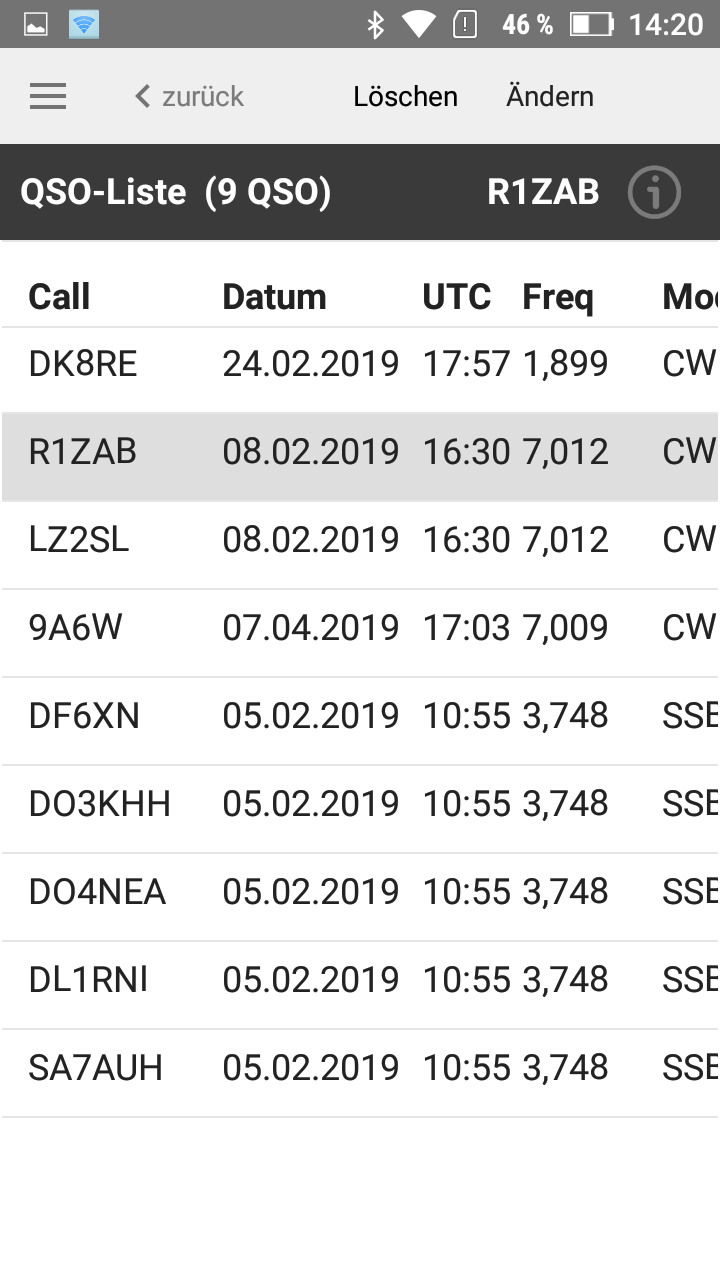 Screenshot mit QSO-Liste